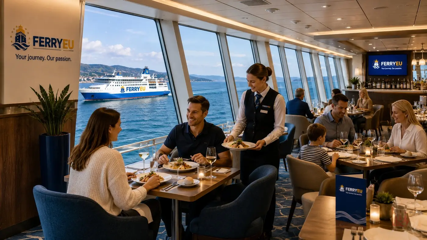 Restaurante a bordo de un ferry con vistas al mar
