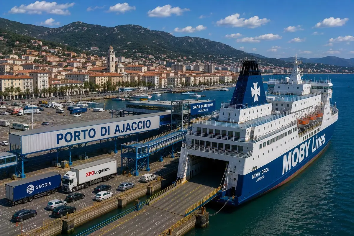 Puerto de ferry de Ajaccio con un ferry de pasajeros en el muelle y el paseo marítimo de la ciudad al fondo
