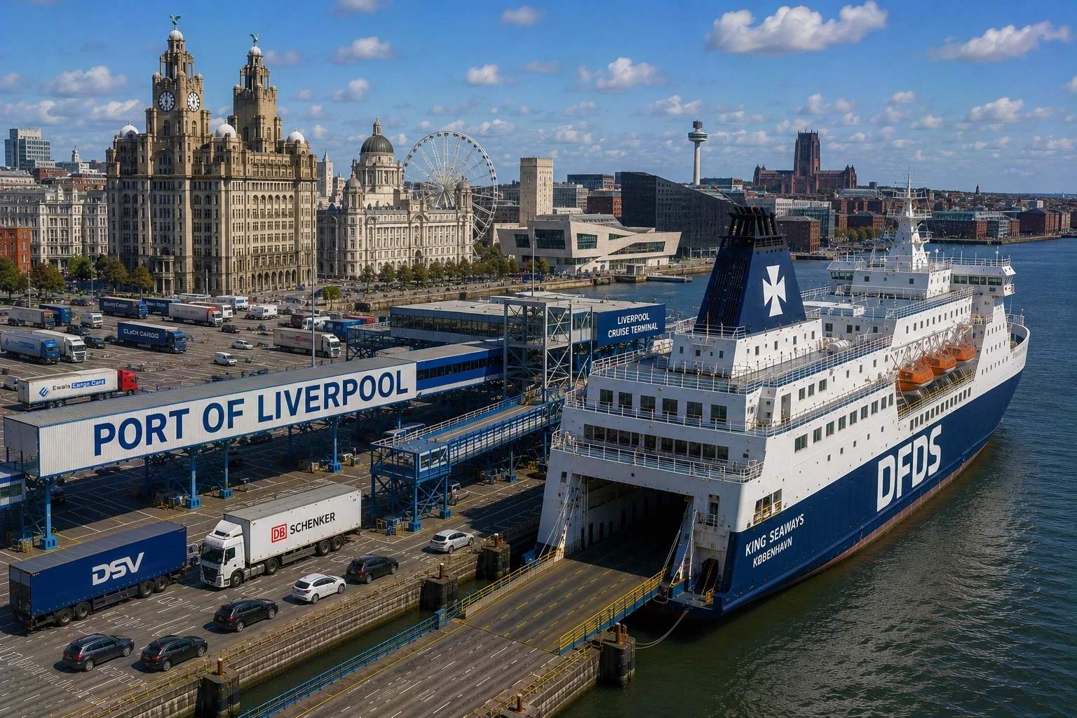 Vista aérea del puerto y paseo marítimo de Liverpool