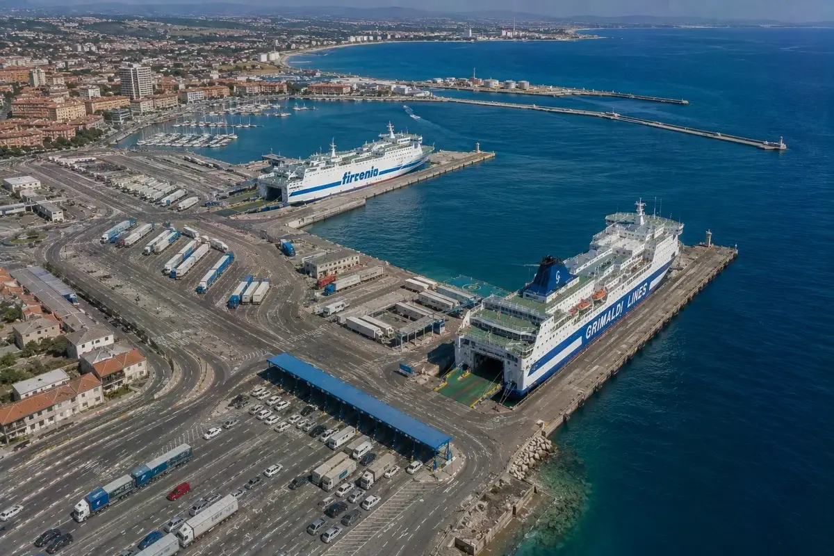 Vista aérea del puerto de ferry y la terminal de pasajeros de Porto Torres, en el norte de Cerdeña