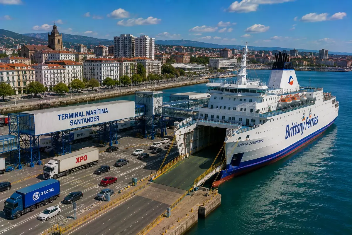 Vista aérea del puerto de ferry de Santander y del paseo marítimo de la ciudad, en el norte de España